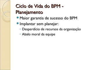 Ciclo de Vida do BPM -Ciclo de Vida do BPM -
PlanejamentoPlanejamento
Maior garantia de sucesso do BPM
Implantar sem planejar:
◦ Desperdício de recursos da organização
◦ Abalo moral da equipe
 