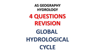 AS GEOGRAPHY
HYDROLOGY
4 QUESTIONS
REVISION
GLOBAL
HYDROLOGICAL
CYCLE
 