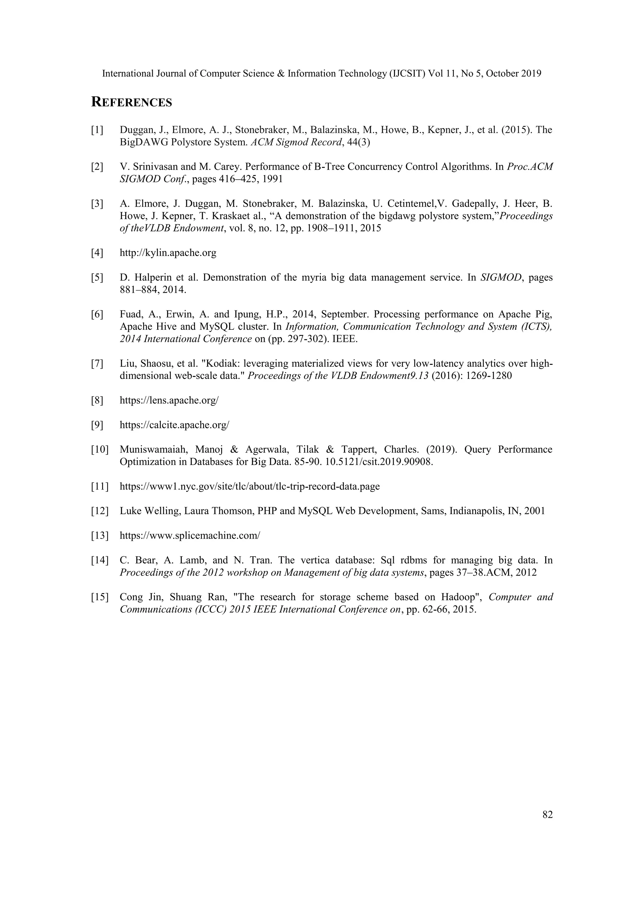 International Journal of Computer Science & Information Technology (IJCSIT) Vol 11, No 5, October 2019 82 REFERENCES [1] Duggan, J., Elmore, A. J., Stonebraker, M., Balazinska, M., Howe, B., Kepner, J., et al. (2015). The BigDAWG Polystore System. ACM Sigmod Record, 44(3) [2] V. Srinivasan and M. Carey. Performance of B-Tree Concurrency Control Algorithms. In Proc.ACM SIGMOD Conf., pages 416–425, 1991 [3] A. Elmore, J. Duggan, M. Stonebraker, M. Balazinska, U. Cetintemel,V. Gadepally, J. Heer, B. Howe, J. Kepner, T. Kraskaet al., “A demonstration of the bigdawg polystore system,”Proceedings of theVLDB Endowment, vol. 8, no. 12, pp. 1908–1911, 2015 [4] http://kylin.apache.org [5] D. Halperin et al. Demonstration of the myria big data management service. In SIGMOD, pages 881–884, 2014. [6] Fuad, A., Erwin, A. and Ipung, H.P., 2014, September. Processing performance on Apache Pig, Apache Hive and MySQL cluster. In Information, Communication Technology and System (ICTS), 2014 International Conference on (pp. 297-302). IEEE. [7] Liu, Shaosu, et al. "Kodiak: leveraging materialized views for very low-latency analytics over high- dimensional web-scale data." Proceedings of the VLDB Endowment9.13 (2016): 1269-1280 [8] https://lens.apache.org/ [9] https://calcite.apache.org/ [10] Muniswamaiah, Manoj & Agerwala, Tilak & Tappert, Charles. (2019). Query Performance Optimization in Databases for Big Data. 85-90. 10.5121/csit.2019.90908. [11] https://www1.nyc.gov/site/tlc/about/tlc-trip-record-data.page [12] Luke Welling, Laura Thomson, PHP and MySQL Web Development, Sams, Indianapolis, IN, 2001 [13] https://www.splicemachine.com/ [14] C. Bear, A. Lamb, and N. Tran. The vertica database: Sql rdbms for managing big data. In Proceedings of the 2012 workshop on Management of big data systems, pages 37–38.ACM, 2012 [15] Cong Jin, Shuang Ran, "The research for storage scheme based on Hadoop", Computer and Communications (ICCC) 2015 IEEE International Conference on, pp. 62-66, 2015. 