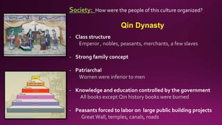 Society: How were the people of this culture organized?
Qin Dynasty
- Class structure
Emperor , nobles, peasants, merchants, a few slaves
- Strong family concept
- Patriarchal
Women were inferior to men
- Knowledge and education controlled by the government
All books except Qin history books were burned
- Peasants forced to labor on large public building projects
Great Wall, temples, canals, roads
 