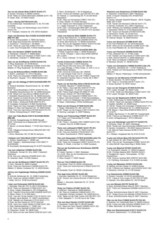 4
*Iko von der kleinen Birke 2136127 SchH3 (77)
B. Durach, Hinznang 12, 88299 Leutkirch
02.08. *Bella von Schloß Birkenstein 2098568 SchH1 (78)
R. Hasler, Watt , CH-9306 Freidorf
*Imar v. Staring 2247709 SchH3 (93)
R. Grunnekemeyer, Kerskottenhorst 13, NL-7513 MD
Enschede
17.+19.08. *Gipsy vom Steinenberger Land 2153212
SchH2 (75)
H.-P. Theobald, Vredener Str. 279, 48703 Stadtlohn
*Isaac vom Bracheler See 2142362 SchH3(SG-WUSV-
WM) FH1 (86)
B. Fornal, Schwarzwaldstr. 4, 76593 Gernsbach
14.08. Bega spod Kostola SKJ 49149/04 (SVV1)
H. Sramkova, I. Textroisovej 1, SK-Martin
27.08. *Xenia de Lupis Fidis 2169417 IP3 (78)
C. Loehr, Rue Principale 863, F-67630 Niederlauterbach
*Isko vom Herzbach 2229637 SchH2 (94)
G. Reinländer, Unterdorf 17, 99958 Illeben
22.+24.08. *Alexe vom Herzbach 2174491 SchH1 (106)
G. Reinländer, Unterdorf 17, 99958 Illeben
*Isko von der Schiffslache 2187474 SchH3 (75)
D. Pflug, Borgholzstr. 39, 59199 Bönen
27.08. *Yule von der Schiffslache 2163081 SchH3 (69)
(Mieter): D. Pflug, Borgholzstr. 39, 59199 Bönen
*Ix aus der Birkenschäferei 2184864 SchH3 (88)
H. Brehm, Juesholzstr. 41, 37412 Herzberg
16.08. *Kiera vom Kreuzstein 2199265 SchH1 (101)
M. Kaufmann, Hauptstr. 174 b, 06528 Blankenheim
*Jako von der Adelegg 2118516 SchH3(SG-BSP) IP3
(79)
S. Scharrer-Bredefeld, Neuenkirchener Str. 38, 49565
Bramsche
02.08. *Annie Boneshaker 2130707 SchH2 IP3 (76)
F. Bredefeld, Neuenkirchener Str. 38, 49565 Bramsche
07.08. *Minett vom Cap Arkona 2198063 SchH3 (87)
F. Bredefeld, Neuenkirchener Str. 38, 49565 Bramsche
16.08. *Quaste von Eicken-Bruche 2161198 SchH1 (90)
F. Bredefeld, Neuenkirchener Str. 38, 49565 Bramsche
19.08. Arista v. Arkehunde NHSB 2594716 (IP1)
W. Dusseljee, Kruisstraat 2, B-3940 Hechtel-Eksel
20.08. *Apple vom Haus Clauwaert 2193268 SchH3 (82)
(Mieter): K. Säck, Karl-Siepmann-Str. 79, 58300 Wetter
22.08. *Yara vom Cap Arkona 2161309 SchH3 IP3 (73)
F. Hellner, Scharpenhang 27, 45257 Essen
*Javir vom Talka Marda 2125110 SchH3(SG-WUSV-
WM) (69)
M. Knoche, Krautgartenweg 16, 86356 Neusäß
06.08. (*)Duchesse de la Seigneuriale LOF 615517
(IP1)(100)
R. Barrau, La Grande Metairie , F-72160 Saint Hilaire Le
Lierru
16.08. (*)Baghira Krokodyli farma CMKU/DS 59311/05
SchH3 IP3(95)
J. Slivon, Marianska 126, CZ-360 00 Jachynov
*Jimbeam vom Talka Marda 2125111 SchH3 IP3 (63)
U. Wolters, Kapellenweg 11, 48366 Laer
19.08. *Dayelle v. Spitzbubezwinger LOSH 0952117
SchH3(B)(95)
M. Bruynseels, Bevelsesteenweg 53, B-2270 Herenthout
*Joe vom Lüttjenhan 2183562 SchH3 (95)
N. Wettlaufer, Vernaer Str. 36 a, 34621 Frielendorf-
Welcherod
23.08. Sina vom Lüttjenhan 2234566 SchH1 (83)
W. Johansen, Moen , N-4790 Lillesand
*Joe von der Schiffslache 2189477 SchH3 IP3 (77)
S. Hohn, Stevede 65, 48652 Coesfeld
03.08. *Unka vom Sternbusch 2198398 SchH3 (74)
(Mieter): G. Blanke, Grüssauer Str. 10, 46325 Borken
Johnny vom Vogelsberger Südhang 2220484 SchH2
(84)
R. Schmidt, Berleburger Str. 16, 35066 Frankenberg
03.08. *Gusti vom Jaroleif 2168661 SchH3 (81)
I. Dielitz, Hof 9 A, 18196 Dummerstorf
*Joker vom Eichenplatz 2203726 SchH3 (84)
L. Wischalla, Platz der LPG 10, 06313 Wimmelburg
06.08. *Patty vom Brauneck 2174084 SchH1 (91)
A. Holze, Lüttgen-Ottersleben 8, 39116 Magdeburg
10.08. *Cayira's Prima-Donna NKK 03299/06 SchH1(91)
N. Nilsen, Plogvn 12, N-1809 Askim
16.08. *Jule vom Tal der Quellen 2136116 SchH3 (103)
S. Niedack, Neue Marktstr. 13, 14929 Treuenbrietzen
18.08. *Babette vom Rosensee 2172132 SchH1 (111)
B. Rose, Auf dem Kampe 42, 33775 Versmold
20.08. *Janni vom Lübzer Eldetal 2141864 SchH1 (80)
H. Klatt, Stadtrandsiedlung 11, 19386 Lübz
21.08. *Osra vom Steinbett 2143042 SchH1 (106)
W. Pasemann, Dorfstr. 35, 39638 Dorst
22.08. Sahra von den zwei Steinen 2228192 SchH1 (84)
E. Reich, Schafwäsche 1, 39116 Magdeburg
23.08. (*)Taina vom Kaditzer Land 2221357 (IP1) (88)
W. Federak, ul. Czarnieckiego 85, PL-05-300 Minsk
Mazowiecki
24.08. *Xally vom Kirschental 2196671 HGH (91)
K. Füller, Weststr. 43, 97440 Werneck
01.09. *Djerba vom Heinrichplatz 2216709 SchH1 (80)
H.-J. Ziggel, Grenzwall 15, 21521 Dassendorf
02.09. Lesli v. Schwarzaugen MPK 53971 (IP1)(85)
A. Voreadou, Terri Ioannidi 10, GR-570 19 N. Epivates /
Thessaloniki
*Joker vom Ketscher Wald 2209983 SchH3 (77)
H. Christ, Max-Planck-Str. 13, 68766 Hockenheim
04.08. *Isi vom Ketscher Wald 2204588 SchH2 (75)
H. Christ, Max-Planck-Str. 13, 68766 Hockenheim
18.08. *Ela von der Sigisliebe 2184221 SchH3 FH2 (90)
G. Wiech, Haufweg 1, 72818 Trochtelfingen
*Jucan von Peroh 2143690 SchH3(SG-BSP) (85)
P. Rohde, Enjebuhrer Weg 11, 26954 Nordenham
14.+16.08. (*)Pepper v. Iwan's Haus NHSB 2599726
(IP1,2,3)(81)
R.T.L. Teuns, Fatimastr. 73, NL-5021 AM Tilburg
*Jumbo di Zenevredo 2190622 SchH3 (74)
F. Heigl, Romansstr. 5, 94315 Straubing
05.08. Rita de Villa Cortz Zona LOE 1480192
J.C. Lopez Monago, c/ Perez Vineta, 12- ESC 4 2 D, E-
06800 Merida (Badajoz)
06.08. Connie de Coroninas LOE 1250538
J. A. Juan Amguld, Avda. Cid 74 , E-Burgos
27.08. *Coral de Haus Lolin LOE 1708021 Ceppa1(79)
M. Castanedo Claudios, Sainz y Trevilla, 88, E-39611
Guarnizo (Cantabria)
*Kanto von der Karl-May Höhle 2192183 SchH3 (82)
D. Schüßler, Maushof 11, 85309 Pörnbach
01.08. *Nella v. Haus Galli SKJ 55361/07 IP1(75)
J. Kulik, Podkarpacki , PL-39-321 Tuszyma 196
09.08. *Palme Angel Delight HR 26584 IP1 (93)
B. Krizman, Drazice 147, HR-51000 Rijeka
17.08. *Giena vom Geixenhof 2186594 SchH1 (74)
S. Meyer, Hammerschmiede 1, 91564 Neuendettelsau
25.08. *Limali vom Holtkämper See 2200012 SchH1 (72)
N. Kaiser, Volkerssteig 2, 97532 Üchtelhausen
*Karat von der Emsaue 2174538 SchH3 (86)
F. Geiger, Österwieher Str. 262, 33415 Verl
24.08. *Ginger von der Emsaue 2158110 SchH3 (103)
H. Darming, Lessingstr. 9, 33397 Rietberg
*Karlos vom Finkenschlag 2182097 SchH3 (87)
H.-P. Fetten, Am Finkenschlag 39, 41069
Mönchengladbach
31.08. *Fanta v. Immerttal LOSH 1008670 SchH1(105)
F. Loobeek, Dorp 50, B-2980 Zoersel
*Karly vom Leithawald 2108481 SchH1 IP3 (91)
G. Beck, Gottenheimer Str. 23, 79224 Umkirch
31.08. *Una vom Hochfirst 2178136 SchH1 (91)
G. Hafner, Ruschbückle 9, 79235 Vogtsburg
*Ken vom Hessenstein 2173918 SchH3(SG-LGA) (74)
A. Attenhauser, Marktplatz 7, 86558 Hohenwart
20.08. *Asita vom Flusenpark 2168417 SchH3 IP3 (70)
(Mieter): K. Woelk, In de Deel 14, 47665 Sonsbeck
*Kid von der Eschelbronner Schloßwiese 2202788
SchH2 (80)
R. Franke, Fabrikstr. 5, 39221 Welsleben
10.+12.08. *Mira von der Eschelbronner Schloßwiese
2218270 SchH2 (73)
V. Sillus, Dinspel 11, 53567 Asbach
*Kid von T-Kö 2128028 SchH3 (79)
M. Burstedde, Elvert 32, 59348 Lüdinghausen
10.08. *Dana vom Granit-Hammer 2155424 SchH3 IP3
(81)
M. Burstedde, Elvert 32, 59348 Lüdinghausen
*Kim degli Achei 2251201 SchH2 (92)
J. Wozniack, Mastholter Str. 57, 33129 Westenholz
02.08. *Anusch vom Liborius Brunnen 2138474 SchH3
(85)
(Mieter): J. Wozniack, Mastholter Str. 57, 33129
Westenholz
*Koby von Fidelius 2213697 SchH3 (76)
S. Hoffmann, Steinweg 44, 85598 Baldham
07.08. *Rosi zur Vosskuhle 2186548 SchH1 (77)
T. Jankowski, Hiltroper Landwehr 145, 44805 Bochum
18.08. *Babsi von der Piste Trophe 2183199 ÖPO1 (97)
J. Eder, Badgasse 11, A-2136 Laa an der Thaya
*Kris vom Haus Pekrahn 2131527 SchH3 (86)
A. Swiniarska, Czartki 49B, PL-98-200 Sieradz
02.07. Alexa vom Haus Pekrahn 2226852 SchH1 (82)
D. Pekrahn, Hauptstr. 1, 18442 Zansebuhr
*Kwantum vom Klostermoor 2172355 SchH3 (95)
P. Ossevorth, Gutshofweg 6, 26871 Papenburg
05.08. (*)Tirgram Oddyssey EKC AF05247003
SchH1(117)
M. Davies, Uttoxeter Road/Hill Ridware , GB-Nr. Rugeley.
Staffs. WS 15 3QP
13.08. *Danah vom Moorbeck 2186146 SchH1 (77)
H. Kohnen, Gutshofstr. 22 a, 26871 Papenburg
16.08. *Withney vom Streithahn 2208693 SchH3 (79)
G. Katzwinkel, Wörde 10, 51702 Bergneustadt
17.08. *Quana von Nozzedil 2161592 SchH3 (88)
K. Höchsmann, Dorfstr. 33, 03149 Forst
22.08. (*)Hemia von Batu 2184203 SchH1 (83)
W. Odemar, Bergstr. 16, 06420 Könnern
*Larus vom Almanach 2213968 SchH1 (82)
K. Ent, Paul-Pfleiderer-Str. 35, 92318 Neumarkt
05.08. *Alma von der Hirschlinde 2103890 SchH1 (89)
A. Ent, Paul-Pfleiderer-Str. 35, 92318 Neumarkt
*Larus vom Fiemereck 2203945 SchH3 (93)
P. Pütz, Alsbacher Str. 4 c, 51789 Lindlar
11.08. *Darleen vom Haus Ka-Re 2112050 SchH1 (96)
S. Köth, Heinrich-Wolf-Str. 6, 54595 Niederprüm
15.08. *Moni von Babylon 2146928 SchH1 (96)
B. Neuhaus, Schulstr. 21, 48249 Dülmen
*Lasko vom Günzbächle 2185055 SchH3(V-LGA) (70)
I. Bartelmes, Zahnleitner Str. 1, 91541 Rothenburg
22.08. *Indiana vom Schmausenbuck 2156531 SchH3(SG-
LGA) (87)
(Mieter): P. Maurer, Plattenweg 1, 91466 Gerhardshofen
*Lazarus von der Maineiche 2151200 SchH2 (73)
C. Broda, Buschstr. 79, 45701 Herten
21.07. *Asta v.d. Hornhütte 2251817 SchH1 (77)
C. Broda, Buschstr. 79, 45701 Herten
*Leon von der Orangerie 2213535 SchH3 (82)
Dr.W. Lauber, Kinzigstr. 38, 36043 Fulda
14.+15.08. *Quille vom Mönchberg 2142847 SchH1 (79)
Dr.W. Lauber, Kinzigstr. 38, 36043 Fulda
*Leon von der Staatsmacht 2198191 SchH3 (76)
D. Edler, Rotdornweg 19, 52525 Waldfeucht
03.+05.08. *Heydi vom Sportpark 2156634 SchH3 IP3 (70)
G. Kasfeld, Ophoffstr. 22, 45309 Essen
07.+09.08. *Cassia vom Grenzlager 2155048 SchH1 (77)
D. Oevermann, Alfhausener Str. 5 a, 49565 Bramsche
18.08. Mayca v. Haus Silma NHSB 2516003 (VH1,2
IP1,2,3)(77)
G. Meijer, Nije Buorren 17, NL-9287 NC Twyzelerheide
20.08. (*)Donna vom Mäusbuck 2190990 SchH1 (77)
K. Anton, Amtsgartenweg 1, 97215 Uffenheim
*Luca vom Altenberger Land 2211171 SchH3 (73)
N. Schleuter, Oststr. 26, 48341 Altenberge
08.08. *Quelle vom Haus Bruchersee 2206000 SchH1 (77)
N. Davidov, Gorskipitnik 1, BG-6300 Haskovo Kamenna
11.08. Atilla de Pastor Alemano NHSB 2715314
SchH1(77)
W.-J. Rehaen, Hoogstraat 36a, NL-6102 XV Echt
*Lucky vom Hohner Berg 2161184 SchH3 IP3 (78)
B. Asel, Bokeler Str. 260, 33397 Rietberg
18.08. *Fee von der Tannenweide 2193941 SchH3 (87)
B. Lütke-Dörhoff, Haus-Geist-Weg 2, 59302 Oelde
*Lucky vom Meierhof 2215421 SchH2 (91)
F.-B. Everinghoff, Ostenstr. 31, 59320 Ennigerloh
02.08. (*)Cindex Natacha NKK 18322/05 (SchH1)
H. Nordgärd+M. Ingunn, Tömmesdalen , N-7523
Gauldzl/Hovin
12.08. *Enya av Quantos NKK 27687/07 SchH1(89)
L.+G. Palmberg, Svenaveien 10 A, N-3520 Jevnaker
*Lucky vom Messebau 2216212 SchH2 (84)
W. Riefling, Auf dem Hessel 10, 63526 Erlensee
21.08. (*)Viktoria vom Kaditzer Land 2234332 SchH1 (82)
K. Klotzsche, Grimmstr. 91, 01139 Dresden
*Lux Valentinientis 2236924 SchH3 (90)
E. Rückert, Freundstr. 23, 63743 Aschaffenburg
27.07. (*)Asia di Torre Lunga LOI 06/71503 (IP1)(96)
E. Esposito, Vico della solitaria 30, I-80132 Napoli
Lux vom Wieratal 2221707 SchH2 (87)
D. Buss, Schönbörnchener Weg 35, 08371 Glauchau
20.07. *Perle vom Gleisdreieck 2093884 SchH3 IP3 FH1
(68)
D. Buss, Schönbörnchener Weg 35, 08371 Glauchau
24.07. *Gratia-Corvus vom Wieratal 2197925 SchH3 (71)
D. Buss, Schönbörnchener Weg 35, 08371 Glauchau
*Mac von der Kine 2135635 SchH3 IP3 FH2 (83)
E. Butscher, Am Tautenhofer Bach 10, 88299 Leutkirch
29.08. (*)Jana vom alten Schemel 2209652 SchH1 (71)
R. Miller, Bahnhofstr. 20, 89192 Rammingen
*Malu vom Riemsloherwald 2143117 SchH3 (72)
W. Kramm, Ratsherrenstr. 113, 49328 Melle
 