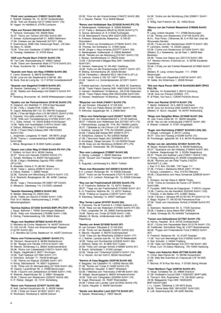 6
*Poldi vom Leckebusch 2186221 SchH3 (90)
F. Rohloff, Visbeker Str. 14, 26197 Großenkneten
26.08. *Anti von Wizards Hof 2114845 SchH1 (76)
M. Hagen, Im Heidfeld 6, 27478 Cuxhaven
*Pyke von Prevent 2201432 SchH2 (75)
F. Terhorst, Grenzweg 100, 46459 Rees
30.07. *Ginny von Terrano 2201062 SchH2 (80)
H. Scheer, Außenbürgerschaft 21, 40822 Mettmann
17.08. Chelsea von der Seilschaft 2217471 (69)
P. Scammacca, 8396 Odis Yarborough Road , US-Glen
St. Mary, FL 32040
19.08. *Vina vom Geefacker 2132663 SchH1 (95)
G. Tenbieg, Geefacker 12, 47533 Kleve
*Qliff vom Pendel Bach 2154151 SchH3 (78)
W. Ten Cate, Wacholderweg 47, 49843 Uelsen
14.08. *Dana vom Seeheimer Wald 2171219 SchH3 (91)
K. Rose, Sunderner Str. 1, 58802 Balve
*Quando vom Haus van Hipp 2195004 SchH3 (80)
F. Carini, Rosenstr. 8, 66578 Schiffweiler
02.08. Luna von der Staatsmacht 2198194 (80)
M. Bock, Rue de Lixing No. 13, F-57520 Grosbliederstroff
*Quando vom Ziegelhof 2145610 SchH3 (87)
W. Weimer, Dahlienweg 11, 34519 Diemelsee
21.08. *Babka vom Breckweg's Hof 2046313 SchH3 IP3
(82)
P. Strebling, Brunnenstr. 40, 34439 Willebadessen-Löwen
*Quattro von der Partnachklamm 2216142 SchH3 (75)
R. Dieterich, Am Wethfeld 17, 97616 Bad Neustadt
01.08. (*)Oly v. Giselle POA 12285 (106)
R. Caputi, Bellavista MZ1-V2, EC-090150 Guayaquil
09.08. (*)Ysa del Miglio d'oro LOI 09/129337 (SchH1)(100)
E. Esposito, Vico della solitaria 30, I-80132 Napoli
12.08. *Elfie vom Trompetersprung 2147282 SchH1 (97)
H.-L. Göke, Holzstr. 14, 33034 Brakel-Frohnhausen
13.08. *Nelly vom Suentelstein 2197512 SchH1 (88)
S. Dittrich, Mittelweg 10, 01909 Frankenthal
18.08. (*)Team-Dika's Edessa DKK 19610/2003
SchH1(104)
L. Jorgensen, Langaavej 10 Vaeth , DK-8870 Langä
20.08. *Farina v. Loosbroekerhaus NHSB 2388645
SchH1(86)
L. Milius, Bergenlaan 6, B-3620 Gellik-Lanaken
*Quenn vom Löher Weg 2119344 SchH3 IP3 FH1 (79)
F. Kötters, Im Esch 34 b, 46354 Oeding
30.07. *Zorra vom Hanneß 2182043 SchH2 (77)
C. Schalk, Mühlberg 13, 84097 Herrngiersdorf
05.08. (*)Aga z Weselskiej Zagrody PKR I-55590
(IP1)(100)
B. Weselski, Dolina 5, PL-86-061 Brzoza
16.08. *Uska v. Jabora 2208610 SchH1 (101)
A. Eitens, Waldstr. 1, 26892 Heede
22.08. *Goncha vom Mönchberg 2193314 SchH1 (72)
Dr.A. Roerkohl, Borghagener Str. 66, 44581 Castrop-
Rauxel
29.08. *Joga v. Panoniansee HR 25807 ISP1(2)(93)
D. Milosevic, Gässliweg 114, CH-5325 Leibstadt
*Quentin Karanberg 2090514 SchH3 (90)
N. Meßler, Maarweg 33, 50933 Köln
24.08. *Hattia von Aducht 2130383 SchH1 (106)
Prof. Dr.H. Meßler, Hainbuchenweg 2, 41063
Mönchengladbach
*Quintus Eqidius 2213254 SchH3(G-BSP) IP3 ZVV1 (78)
J. Sauer, Bahnhof 1, 75050 Gemmingen-Stebbach
25.08. *Kelly vom Glockeneck 2163560 SchH1 (108)
S. Döring, Friedenssiedlung 108, 39524 Klietz
*Rayjo vom Stadtfeld 2076942 SchH3 IP3 (81)
D. Monteiro da Cunha, Mastbruch 14, 44357 Dortmund
01.+02.+03.09. *Indra vom Braunschweiger Wappen
2132197 SchH2 (80)
J.-C. Monteiro da Cunha, Mastbruch 14, 44357 Dortmund
*Remo vom Fichtenschlag 2208401 SchH3 (71)
M. Oßmann, Neuenreuth 8, 96369 Weißenbrunn
01.08. *Boogie vom Pendler 2191418 SchH1 (95)
W. Meinen, Achterweg 3 a, 26624 Südbrookmerland
05.08. *Romy vom Casselswald 2192731 SchH1 (85)
R. Regitz, Ziegelhütte 8, 66571 Dirmingen
10.08. *Zad Feetback 2217894 SchH1 (77)
H. Hohmann, Schulstr. 71, 75438 Knittlingen
11.08. *Xelma von Rapicar 2202892 SchH1 (97)
H. König, Steinackerstr. 74, 66571 Eppelborn
12.08. *Hirka vom St.-Michaels-Berg 2211639 SchH1 (80)
W. Zwiertz, Lauenförder Str. 2, 37688 Beverungen
18.08. (*)Quinni vom Zellwaldrand 2219484 SchH1 (105)
R. Wiesner, Aspenhäuser Str. 3, 09661 Striegistal
28.08. (*)Xenia vom Westervenn 2225037 SchH2 (80)
H.-P. Rieker, Steigstr. 35, 73101 Aichelberg
*Remo vom Fiemereck 2218477 SchH3 (96)
R. Kaß, Gerhart-Hauptmann-Str. 5, 46359 Heiden
10.08. (*)Oda von Avenir 2216021 SchH1 (81)
R. Wortmann, Wortkamp 6, 48249 Dülmen
20.08. *Irina von der Krautschneise 2164572 SchH2 (89)
H.-J. Depner, Parkstr. 10 a, 64409 Messel
*Renzo vom Holtkämper See 2216338 SchH3 IP3 (75)
H. Niedergassel, Holtkampstr. 6, 33649 Bielefeld
31.07. Fanta v. Bellissimo MNJK.Nj 25238 (SchH1)(77)
G. Szivos, Bercsenyi Ut. 8, H-5340 Kunhegyes
01.08. Mischaland's Yonna SKK 40207/2008 (SchH1)
A. Eriksson, Biskopskulla, Blasenhus , S-749 63
Örsundsbro
02.08. *Frenzi von Armadebrunn 2179044 SchH1 (74)
M. Thomas, Am Eichkamp 12, 31559 Haste
04.08. Ginger v. Haus Arranka 2233777 SchH1 (85)
H. Niedergassel, Holtkampstr. 6, 33649 Bielefeld
06.08. *Nimala von der Moritzburg 2151921 SchH3 (79)
J. Recker, Sandfortskamp 21, 59229 Ahlen
12.08. (*)Scharmark's Maggie-May DKK 13446/2005
SchH1(91)
H. Hansen, Hastrupvej 10, DK-4621 Gadstrup
16.08. *Indra von der Krautschneise 2164571 SchH1 (87)
R. Bölling, Schinkenkamp 28, 32425 Minden
20.08. Fantastika v. Meisehof BCU 166-014512 (IP1,2)
O. Ivanova, Umera 2-100, EF-13817 Tallinn
23.08. *Jasmin v.d. Zomerdijkslanden 2215571 SchH1
(93)
J. Krabbe-Ijzerman, Zomerdijk 73, NL-8064 XC Zwartsluis
26.08. *Team Paka's Gianina DKK 14567/2005 SchH1(78)
U. Hansen, Hestehaven 16 Marstrup , DK-6100 Haderslev
28.08. *Team Paka's Hekla DKK 05433/2006 SchH1(93)
U. Hansen, Hestehaven 16 Marstrup , DK-6100 Haderslev
*Rhyscher von Arlett 2164011 SchH3 (75)
M. van Dorssen, Efeuplatz 8, 51105 Köln
20.08. *Anni von Pallas Athene 2213581 SchH1 (77)
H. Köhncke, Segeberger Str. 3, 23826 Bark
(*)Rico vom Osterberger-Land 2224517 SchH1 (76)
S. Golownitsch, Am Westerrellerhof 3, 33129 Delbrück
29.07. (*)Warda vom Holtkämper See 2231921 (IP1) (72)
J. Petrowichewa, Jujnaja Str. 7/78, RU-140006 Ljuberzi
30.07. (*)Babette du Val D'Anzin LOF 598832 (IP1)(100)
J. Kosikow, Jujnaja Str. 7/78, RU-040006 Ljuberzi
02.08. (*)Alana Balt Kaissa RKF 2055515 (IP1)
A. Schipilova, Zastava 1a, RU-238520 Baltijsk
21.08. (*)Kornavin Natali UKU 000086/05 (IP1)
A. Kondrajuk, Olesja Gonzara 10, UA-045000 Kowel
29.08. Xosa von der Moritzburg 2236043 (IP1) (79)
A. Migowich, Holownastr. 68, UA-Swaljawa
*Ron vom Ludwigseck 2155697 SchH3 (65)
C. Heinig, Ludwigstr. 1, 08393 Meerane
23.08. *Anusch vom Freistaat Thüringen 2204188 SchH1
(75)
K. Augustat, Lerchenweg 8 a, 06231 Tollwitz
*Rono vom Bierstadter Hof 2203613 SchH3 (97)
E.H. Lorösch, Rückinger Str. 10, 63526 Erlensee
29.07. *Indra von der Kronenperle 2102116 SchH1 (92)
(Mieter): E.H. Lorösch, Rückinger Str. 10, 63526 Erlensee
*Roy von der Friedrichskluft 2201933 SchH3 (75)
K.-H. Friedrichs, Böttcher Str. 13, 45731 Waltrop
28.07. *Taiga von der Friedrichskluft 2133466 SchH1 (81)
K.-H. Friedrichs, Böttcher Str. 13, 45731 Waltrop
18.08. *Fidelius av Quantos 2126757 SchH1 (83)
N. Kleinberg, Salzweg 7 a, 45527 Hattingen
*Roy Terrae Lupiae 2210787 SchH3 (84)
E. Francone, Via de Franchis 5, I-73044 Galatone (LE)
18.08. *Maxi von der Waterkant 2107860 SchH3 IP3 (90)
J. Park, Langholter Str. 20, 26842 Ostrhauderfehn
19.08. *Nancy von Tronje 2210255 SchH1 (108)
(Mieter): B. Norda, Umländerwiek links 23, 26871
Papenburg
*Sambo von Arlett 2215305 SchH3 (97)
M. van Dorssen, Efeuplatz 8, 51105 Köln
01.08. *Emily von der Bastillie 2199791 SchH2 (83)
K. Meurer, Hauptstr. 5, 56276 Großmaischeid
12.08. *Clea von der Rheinhöhe 2205810 SchH1 (77)
H.-J. Kellner, Landrat-Jost-Str. 14, 56179 Niederwerth
18.08. *Daisy vom Rumbachtal 2220938 SchH1 (80)
V. Willems, Heide 141, B-3800 Sint-Truiden
20.08. *Holly vom Usinger Schloß 2194884 SchH2 (81)
H. Busch, Schloßplatz 1, 61250 Usingen
22.08. *Venja vom Türkenkopf 2220410 SchH1 (74)
H.-U. Heinen, Auf der Hohl 9, 56249 Herschbach
*Sammo di Casa Beggiato 2225155 SchH2 (82)
S. Beggiato, Via Calatafimi 15, I-20052 Monza (MI)
01.08. *Kombi von Tronje 2114090 SchH3 (75)
S. Neuwöhner, Hauptstr. 4, 66571 Wiesbach
02.08. (*)Mamba vom Thermodos 2199189 SchH1 (92)
W. Stieger, Bauerngasse 6, 86830 Schwabmünchen
19.08. *Zotti vom Tankgraben 2200064 SchH1 (76)
B. Vogel, Rheinaustr. 43, 76287 Rheinstetten
24.08. (*)Hexe vom Leinder Land 2215522 SchH2 (76)
B. Györe, Hauptstr. 5, 56459 Gemünden
*Sando vom Baruther Land 2221715 SchH3 (87)
H. Spiwek, Wiesenweg 2, 15837 Baruth
04.08. *Undra von der Moritzburg (Ost) 2096511 SchH1
(111)
S. Willig, Karl-Friedrich-Str. 25, 14822 Brück
*Shicco von der Freiheit Westerholt 2190046 SchH3
(83)
R. Lang, Untere Hauptstr. 111, 37688 Beverungen
01.08. *Simba vom Westervenn 2147195 SchH2 (83)
M.A.L. Ruiz Perez, C/Brennes 36, E-41300 San Jose del
Rinconada (Sevilla)
02.08. (*)Lisa von der Salzteichaue 2228719 SchH1 (90)
P. Lehmann, Dorfstr. 14, 03205 Laasow
03.08. (*)Uma vom Klostermoor 2213204 SchH1 (92)
(Mieter): G.J. Kesekamp, Up de Haar 1, 48455 Bad
Bentheim
04.08. *Tessa vom Status quo 2201319 SchH1 (86)
H.F. Moreno Herrero, B Borroto s/n , E-39795 Escalante
(Cantabria)
05.08. (*)Yolly von der Freiheit Westerholt 2218983 SchH1
(77)
(Mieter). R. Lang, Untere Hauptstr. 111, 37688
Beverungen
14.08. *Goldi vom Zisawinkel 2150734 SchH1 (97)
W. Gelke, Am Hirtenhaus 1, 29308 Winsen
*Sid vom Haus Pixner 2089119 SchH3(SG-BSP) ÖPO3
FH2 (76)
E. Mannes, Im Gnadenfeld 3, 89312 Günzburg
18.08. Sina von Prevent 2229823 (77)
R. di Pilato, Via Fara 2, I-24040 Pontirolo Nuovo
*Sirio vom Rauhtal 2216714 SchH1 (76)
T. Martin, Kettelerstr. 52 b, 68519 Viernheim
04.08. Zora von Arminius 2000 2240872 SchH1 (72)
(Mieter): H. Sturm, Hauptstr. 19, 64757 Rothenberg
*Skipp vom Salzgitter Milieu 2215549 SchH1 (94)
W. Jost, Franz-Zobel-Str. 37, 38259 Salzgitter
24.08. *Ika von der Unstrutquelle 2199731 SchH1 (85)
A. Wetzel, Lindenstr. 6, 37351 Dingelstädt
*Sugar vom Kammberg 2166327 SchH3(V-LGA) (82)
R. Gimpel, Lortzingstr. 9, 85101 Lenting
30.07. *Zira vom Faxweg 2103296 SchH2 (72)
M. Promberger, Iglsdorfer Str. 9 A, 84104 Rudelzhausen
*Sultan von der Jahnhöhe 2212631 SchH3 (75)
M. Mayer, Richard-Strauß-Str. 9, 84056 Rottenburg
24.07. *Quantana von der Holledau 2158543 SchH1 (80)
S. Kellerer, Siegenburger Str. 3, 93354 Siegenburg
28.07. *Paula vom Kaditzer Land 2190011 SchH2 (100)
H. Pohlig, Unterjettenberg 33, 83458 Unterjettenberg
06.08. *Romina von der Piste Trophe 2162701
SchH3(IP1,2,) (94)
J. Kao, P.O. Box 123-568 , TW-Taipei 111
07.08. (*)Yana v. Bellissimo MNJK 24671 IP1(80)
T. Kovacs, Leneskerti u. 14/a, H-9153 Ötteveny
08.08. (*)Quentolina vom Haus Schwerzel 2208039 SchH1
(74)
E. Schwerz, Auf der Klaus 6, 66636 Tholey
10.08. *China du Domaine de Faune LOF 603072
SchH1(88)
P. Foussier, 2895 Route de Draguignan , F-83510 Lorgues
15.08. (*)Jenny von der Kanisfluh 2222245 SchH1 (102)
T. Fritsche, In der Mellen 470, A-6881 Mellau
19.08. (*)Enjoy v. Minsara HR 23193 NO IP1(SchH1)(119)
D. Begic, Rupine 77, HR-52100 Premantura-Pula
27.08. *Goldi vom Ganzkower Schloß 2145488 SchH3 IP3
(85)
U. Seemann, Neddeminer Str. 6, 17039 Ganzkow
28.08. (*)Izabel iz dona Allens RKF 2385230
E. Zaika, Omskaja 55, RU-454092 Tscheljabinsk
*Tarzan vom Zellwaldrand 2217801 SchH1 (78)
N. Herms, Hauptstr. 30 A, 04720 Großsteinbach
30.07. (*)Cora vom Hauswalder Bach 2212176 SchH1 (72)
W. Feldbinder, Schmöllner Weg 26, 01877 Bischofswerda
09.08. *Puppe vom Finkensteiner Forst 2166533 SchH1
(87)
H. Friedrich, Nickerner Str. 10, 01257 Dresden
11.08. *Irca vom Niemberger Eck 2125550 SchH1 (95)
H. Keil, Schulstr. 3, 04924 Thalberg
31.08. Yaski vom Niemberger Eck 2231169 SchH1 (95)
T. Khoa, Cum 10-Gialoc-Haidoung , VN-10000 Haidoung
*Tasso vom Ketscher Wald 2077368 SchH2 (86)
H. Christ, Max-Planck-Str. 13, 68766 Hockenheim
21.08. Sally des Guerriers du Crepuscule LOF 541625
(100)
P. Monnet, 47 B Rue Ste Alice , F-57350 Stiring Werdel
*Team Marlboro Tiger 2249724 SchH3 (91)
G. Heyer, Emsteker Str. 23, 49685 Drantum
21.08. Hvolbaek's Guccie DKK 11526/2007 (BHP1)(89)
K. Thorup+I. Birk, Rugmarken 110, DK-8520 Lystrup
28.08. Maegaards Yoyo DKK 19026/2003
BHP1(SchH1)(90)
I.+.L. Larsen, Ölstedvej 3, DK-5672 Broby
29.08. *Greve Nelly DKK 18914/2007 SchH1(92)
E. Loft, Assentorpvej 90, DK-4295 Stenlille
 