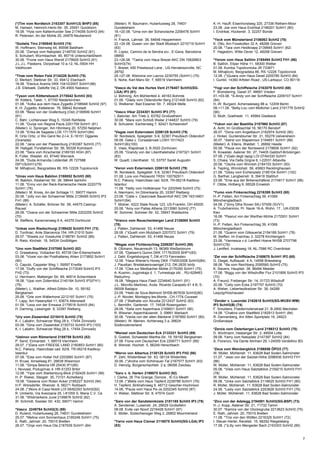 7
(*)Tim vom Nordteich 2163307 SchH1(3) BHP3 (85)
M. Hansen, Heinrich-Hertz-Str. 35, 25451 Quickborn
18.08. *Hyla vom Kattenhunder See 2174056 SchH3 (94)
R. Petersen, An der Mühle 25, 24879 Neuberend
*Godalis Tino 2190845 SchH3 (74)
W. Hoffmann, Steinweg 44, 85598 Baldham
25.08. *Zampa vom Natoplatz 2148700 SchH2 (81)
S. Schubert, Würmbachstr. 90, 85716 Unterschleißheim
30.08. *Frone vom Haus Wendl 2179929 SchH3 (91)
J.L.J.L. Fleskens, Dorpstraat 10 a-12, NL-5504 HH
Veldhoven
*Tiras vom Roten Feld 2134226 SchH3 (75)
D. Merkert, Stettiner Str. 33, 69412 Eberbach
18.08. *Electus Aramis DKK 10410/2007 SchH1(96)
J.B. Ellebaek, Daltofte Vej 2, DK-4900 Nakskov
*Tyson vom Köttersbusch 2175542 SchH3 (83)
W. Kötters, Talstr. 1, 67700 Niederkirchen
01.08. *Xolka aus dem Haus Zygadto 2198948 SchH2 (97)
K.-H. Zygadto, Kettelerstr. 76, 68642 Bürstadt
03.08. *Bess von der Grafenburg (Ost) 2199599 SchH1
(81)
C. Bähr, Lichtenower Weg 5, 15345 Rehfelde
11.08. *Dunja von Regina Pacis 2201759 SchH1 (81)
(Mieter): U. Sprenger, Am Hömberg 20, 57250 Netphen
13.08. *Erika de Sagasta LOE 1711575 SchH1(84)
R. Ortiz Ortiz, c/ Rio Genil No 2-l-4, E-18151 Ogijares
(Granada)
22.08. *Jana von der Plassenburg 2183387 SchH3 (77)
W. Haßgall, Forstlahmer Str. 56, 95326 Kulmbach
23.08. *Sera vom Kirschental 2189193 HGH (87)
K. Füller, Weststr. 43, 97440 Werneck
24.08. *Duda Armandia Lidderdali JR 727588
ISP1(SchH1)(79)
M. Mihajlovic, Beogradska 86, RS-12226 Topolovnick
*Umax vom Haus Babilon 2188052 SchH3 (80)
W. Babilon, Kesberner Str. 36, 58644 Iserlohn
11.08. *Enny von der Reck-Kamensche Heide 2220779
SchH1 (76)
(Mieter): M. Kross, An der Schlage 11, 59077 Hamm
20.08. *Jolly von der Schweriner Mitte 2139495 SchH3 IP3
FH1 (89)
(Mieter): A. Schäfer, Briloner Str. 56, 44575 Castrop-
Rauxel
28.08. *Oxana von der Schweriner Mitte 2202255 SchH2
(70)
M. Steffens, Kavernenweg 9 A, 44379 Dortmund
*Unkas vom Riedschlurgi 2189420 SchH3 FH1 (73)
D. Tordinac, Ante Starcevica 154, HR-21010 Solin
29.07. *Sheela zur Vosskuhle 2188781 SchH2 (89)
R. Rietz, Kirchstr. 18, 54534 Großlittgen
*Uno vom Stadtfeld 2107060 SchH3 (82)
O. Grasekamp, Voßacker 63, 45739 Oer-Erkenschwick
03.08. *Voxie von der Posthalterey Ahlen 2173852 SchH1
(90)
G. Caputo, Cappeler Weg 1, 59597 Erwitte
17.08. *Duffy von der Schiffslache 2173049 SchH3 IP3
FH2 (73)
U. Herrmann, Malberger Str. 69, 46514 Schermbeck
18.08. *Upsi vom Zollernblut 2140184 SchH3 IP3(FH1)
(75)
(Mieter): L. Walther, Alfred-Döblin-Str. 10, 59192
Bergkamen
25.08. *Orle vom Wällerhorst 2212197 SchH1 (75)
T. Lapp, Am Hasenpfad 11, 63674 Altenstadt
01.09. *Lexa von der Emsaue 2179516 SchH3 (84)
H. Darming, Lessingstr. 9, 33397 Rietberg
*Ury vom Zisawinkel 2218415 SchH2 (75)
K.-I. Labahn, Schwarzer Weg 28 b, 17454 Zinnowitz
03.08. *Gina vom Zisawinkel 2150733 SchH3 IP3 (103)
K.-I. Labahn, Schwarzer Weg 28 b, 17454 Zinnowitz
*Ustinov vom Römerland 2188759 SchH3 (82)
P. Send, Einhardstr. 1, 68519 Viernheim
29.07. (*)Dara vom FREESE LAND 2160853 SchH1 (85)
N.C. Paksoy, Hasircibasi cad. 62/8, TR-06218 Kadikoy-
Istanbul
07.08. *Esta vom Holter Hof 2203985 SchH1 (87)
H. Kruse, Amselweg 81, 26639 Wiesmoor
11.08. *Simpa Belona HR 25430 IP1(85)
I. Novosel, Podugrinac 4, HR-51253 Bribir
12.08. *Yipsi vom Starkenburg-Blick 2192425 SchH1 (99)
H.-P. Rieker, Steigstr. 35, 73101 Aichelberg
19.08. *Desiena vom Roten Acker 2185227 SchH3 (94)
H.P. Wörsdörfer, Rheinstr. 8, 56271 Roßbach
24.08. (*)Nora di Casa Nobili LOI 08/82293 SchH2(92)
R. Umberto, Via Avezzana 25, I-81055 S. Maria C.V. Ce
31.08. *Wildmarkens Juvel 2199876 SchH2 (82)
W. Schmidt, Soester Str. 432, 59071 Hamm
*Vasco 2249784 SchH2(3) (89)
D. Ruland, Hubertusweg 28, 74831 Gundelsheim
25.07. *Melina vom Sonnenhaus 2195246 SchH1 (75)
E. Rath, Jahnstr. 20, 75015 Bretten
26.07. *Onja vom Haus Ola 2187939 SchH1 (84)
(Mieter): R. Baumann, Hubertusweg 28, 74831
Gundelsheim
18.+20.08. *Uma von der Schanzlache 2206478 SchH1
(81)
H. Franck, Lahnstr. 36, 64646 Heppenheim
22.+24.08. Queen von der Stadt Mosbach 2215719 SchH1
(93)
R. Lopez, Camino de la Sendra s/u , E-Gava, Barcelona
08850
23.+26.08. *Tasha vom Haus Brezel AKC DN 15826803
SchH3(74)
T. Brezel, 450 Prestwood Lane , US-Hendersonville, NC
28792
25.+27.08. Weinona von Lacroz 2230755 (SchH1) (75)
S. Nohe, Karl-Marx-Str. 7, 68519 Viernheim
*Vasco du Val des Hurles Vent 2176407 SchH3(SG-
LGA) IP3 (81)
U. Bühning, Am Mühlenfeld 4, 49163 Bohmte
01.08. *Glady vom Oldendorfer Berg 2121406 SchH3 (82)
G. Welkener, Bad Essener Str. 7, 49324 Melle
*Vasco Vikar 2234301 SchH3 IP3 (77)
I. Balonier, Am Trieb 2, 63762 Großostheim
30.08. *Mara vom Schloß Weiler 2144837 SchH3 (79)
B. Schuierer, Eschenweg 7, 92421 Schwandorf
*Vegas vom Externstein 2206129 SchH3 (79)
W. Nordsieck, Spiegelstr. 5-9, 32361 Preußisch Oldendorf
09.08. Geke v. Corsalabroek LOSH 1017423
SchH1(B)(100)
E. Vaes, Klapstraat 3, B-3520 Zonhoven
25.08. *Grandy von der Lilienthalstraße 2167321 SchH1
(83)
W. Quadt, Lilienthalstr. 10, 53757 Sankt Augustin
*Veron vom Externstein 2206130 SchH3 (79)
W. Nordsieck, Spiegelstr. 5-9, 32361 Preußisch Oldendorf
01.08. Lora von Petzworld TRSV 100792911
N.C. Paksoy, Hasircibasi cad. 62/8, TR-06218 Kadikoy-
Istanbul
11.08. *Hetty vom Holtkämper Tor 2202949 SchH3 (75)
A. Niermann, Im Dörenkamp 20, 33397 Rietberg
23.08. *Catie v. Clearcreek Bauernhof AKC DN 19314901
SchH1(84)
T. Molner, 4222 State Route 123, US-Franklin, OH 45005
25.08. *Amy von Pallas Athene 2213580 SchH2 (77)
W. Sommer, Solmser Str. 52, 35647 Waldsolms
*Vranco vom Reuschenberger Land 2126065 SchH3
(78)
J. Patten, Dahlienstr. 53, 41466 Neuss
28.08. (*)Quelli vom Mutzbach 2207072 SchH1 (79)
J. Patten, Dahlienstr. 53, 41466 Neuss
*Wegas vom Fichtenschlag 2209297 SchH3 (88)
B. Oßmann, Neuenreuth 13, 96369 Weißenbrunn
07.08. *Djalsam's Quinni DKK 17176/2005 BHP1(83)
J. Dahl, Engelsborgvej 7, DK-4173 Fjenneslev
12.08. *Haus Wiener's Honey DKK 17455/2008 SchH3(84)
J. Paustian, Bredekaersvaenget 212, DK-2635 Ishöj
17.08. *Clea zur Medbacher Mühle 2175350 SchH1 (75)
A. Kusmin, Jugorskaja d. 1, Tumeskaja obl. , RU-628463
Raduzhny
18.08. *Megara Haus Flash 2234640 SchH1 (91)
J.L. Morcillo Martinez, Avda. Ricardo Carapeto 61 4 B, E-
06008 Badajoz
23.08. *Heiki de Sous-Belmont SHSB 667639 SchH2(80)
J.-P. Nicolet, Montagny-les-Monts , CH-1774 Cousset
27.08. (*)Nathalie von Alcudia 2212437 SchH2 (83)
L. Bernlöhr, Gartenstr. 17, 74538 Rosengarten
28.08. *Xella vom Aspenhaus 2169931 SchH1 (90)
R. Wiesner, Aspenhäuserstr. 3, 09661 Marbach
30.08. *Vanta von der alten Bäckerei 2187950 SchH1 (80)
(Mieter): W. Meinen, Achterweg 3 a, 26624
Südbrookmerland
*Wenzel vom Deutschen Eck 2133331 SchH3 (89)
S. Goebel, Schwester-Martha-Str. 19, 59192 Bergkamen
27.08. Fiona vom Deutschen Eck 2206771 SchH1 (89)
B. Wenzel, Hochstr. 5, 56249 Herschbach
*Wervo von Albertus 2130120 SchH3 IP3 FH2 (86)
P. Zehl, Wildenfelser Str. 63, 08134 Wildenfels
30.06. (*)Andra vom Schönauer-Tal 2167577 SchH1 (83)
D. Heinzig, Bürgerschachtstr. 2 a, 08056 Zwickau
*Xaro v. b. Harten 2199875 SchH3 (92)
I. Clarke, 26 The Grange, Donore , IE-Co Meath
13.08. (*)Bella vom Haus Tepferd 2228788 SchH1 (79)
H. Tepferd, Birkhahnweg 9, 48712 Gescher-Hochmoor
14.08. *Paula vom Haus Pe-Ja 2202345 SchH2 (87)
H. Weber, Stettiner Str. 8, 47574 Goch
*Xaro von der Sandsteinküste 2181185 SchH3 IP3 (79)
A. Sendemer, Luisenstr. 24, 26629 Großefehn
08.08. Evite van Noort 2216428 SchH1 (97)
E. Müller, Südschwooger Weg 2, 26802 Moormerland
*Yarro vom Haus Cismar 2118075 SchH3(SG-LGA) IP3
(83)
K.-H. Hauff, Eisenhorstweg 325, 27336 Rethem-Moor
23.08. Joe vom Haus Endrikat 2196201 SchH1 (80)
I. Endrikat, Hückerstr. 3, 32257 Bünde
*Yeck vom Münsterland 2106063 SchH2 (78)
K. Otto, Am Fosskotten 32 A, 48268 Greven
20.08. *Tara vom Heidknapp 2139945 SchH1 (82)
F. Hagedorn, Witte Oever 12, 48268 Greven
*Yerom vom Haus Salihin 2165494 SchH3 FH1 (86)
B. Salihin, Eilper Höhe 11, 58300 Wetter
01.08. Kumba Topolovnicka JR 733871
M. Mihajlovic, Beogradska 86, RS-12226 Topolovnick
12.08. (*)Quiara vom Haus Dexel 2205780 SchH3 (84)
I. Gunbil, 14360 Arfsten Road , US-Larkspur, CO 80118
*Yogi von der Schiffslache 2163079 SchH3 (68)
F. Bronstering, Gaxel 37, 48691 Vreden
01.+03.08. *S-Andy von der Schiffslache 2209107 SchH1
(84)
H.-W. Burgard, Achenseeweg 88 a, 12209 Berlin
09.+11.08. *Betty-Lou vom Midlicher Land 2191776 SchH2
(90)
D. Muth, Goethestr. 11, 45964 Gladbeck
*Yukon von der Bastillie 2157960 SchH3 (87)
A. Acht, Im Großbachtal 18, 56170 Bendorf
26.07. *Dona vom Angelbaum 2162974 SchH2 (80)
J. Hinkel, Guntersblumer Str. 31, 55278 Uelversheim
30.07. *Astrid von Stapelmoor 2194651 SchH1 (88)
(Mieter): A. Eitens, Waldstr. 1, 26892 Heede
05.08. *Paula von der Noriswand 2178606 SchH1 (92)
R. Kowalski, Aalener Str. 27, 74405 Gaildorf-Bröckingen
07.08. (*)Gabi degli Iapigi LOI 07/64330 SchH1
S. Chiaia, Via Della Grigne 6, I-22031 Albavilla
20.08. *Oscha vom Winnloh 2184153 SchH1 (93)
A. Tepling, Winnlohstr. 56, 45663 Recklinghausen
21.08. *Gibsy vom Eichenplatz 2185104 SchH1 (102)
G. Barthel, Langbeinstr. 8, 39418 Staßfurt
23.08. *Enie aus der Birkenschäferei 2174817 SchH1 (96)
F. Ottilie, Hirtberg 9, 06528 Emseloh
*Yumo vom Finkenschlag 2216395 SchH3 (80)
H.-P. Fetten, Am Finkenschlag 39, 41069
Mönchengladbach
04.08. (*)Inny Dlha Roven SKJ 57006 (SVV1)
A. Trubchaninov, Pr. Nauki 16-A, Wohn. 17 , UA-03039
Kiev
16.08. *Peanut von der Werther-Mühle 2172931 SchH1
(73)
H.-P. Fetten, Am Finkenschlag 39, 41069
Mönchengladbach
21.08. *Quanni vom Gilkauertal 2194189 SchH1 (78)
M. Steffen, Im Exenhau 3, 32278 Kirchlengern
23.08. *Vannesca v.d. Lentfert Hoeve NHSB 2707796
SchH1(76)
J. Lentfert, Invalsweg 18, NL-7586 RC Overdinkel
*Zar von der Schiffslache 2168670 SchH1 IP2 (65)
G. Diegel, Aufbaustr. 4 A, 14656 Brieselang
08.08. *Illa vom Reichberg 2095560 SchH3 (75)
K. Sievers, Hauptstr. 38, 96484 Meeder
17.08. *Biggy von der Wilsdruffer Flur 2101806 SchH3 IP3
(70)
A. Freund, Freiberger Str. 14, 01723 Wilsdruff
20.08. *Celly vom Ecke 2197757 SchH3 (70)
A. Weber, Liebertwolkwitzer Str. 38, 04288
Leipzig/Holzhausen
*Zender v. Lusondai 2162618 SchH3(SG-WUSV-WM)
IP3 SchH3(B) (74)
F. Smulders, Poedermolenstraat 21, B-2800 Mechelen
14.08. *Chakira vom Stadtfeld 2182913 SchH1 (84)
R. Dannenberg, Am Alten Sportplatz 16, 24623
Großenaspe
*Zerxis vom Osterberger-Land 2199312 SchH3 (78)
D. Wortmann, Hasberger Str. 2, 49504 Lotte
09.08. Yamy vom Natoplatz 2147397 SchH2 (84)
A. Fiorenzo, Via Dante Alinhieri 29, I-24059 Verdellino BG
*Zeus vom Weinbergblick 2186856 ÖPO3 (77)
W. Müller, Mühlenstr. 11, 63628 Bad Soden-Salmünster
31.07. *Jessi von der Salztal-Höhe 2096936 SchH3 FH1
(86)
W. Müller, Mühlenstr. 11, 63628 Bad Soden-Salmünster
05.08. *Vista vom Haus Salztalblick 2159215 SchH3 FH1
(78)
W. Müller, Mühlenstr. 11, 63628 Bad Soden-Salmünster
09.08. *Unke vom Salztalblick 2118625 SchH3 FH1 (85)
R. Müller, Mühlenstr. 11, 63628 Bad Soden-Salmünster
24.08. *Lesly vom Salztalblick 2203826 SchH3 FH1 (76)
J. Müller, Mühlenstr. 11, 63628 Bad Soden-Salmünster
*Zico von der Adelegg 2194591 SchH3(SG-BSP) (73)
H.-J. Kopp, Aalener Str. 21, 71732 Tamm
30.07. *Kamira von der Glücksgrube 2213623 SchH3 (75)
E. Rath, Jahnstr. 20, 75015 Bretten
11.08. *Trixi von den Wölfen 2216325 SchH1 (72)
I. Steuer-Hertel, Ravelstr. 15, 66292 Riegelsberg
17.08. (*)Lilly vom Mengeder Bach 2193303 SchH2 (85)
 