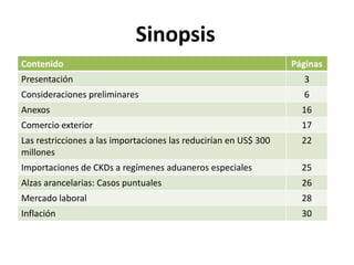 Sinopsis
Contenido                                                         Páginas
Presentación                                                        3
Consideraciones preliminares                                        6
Anexos                                                              16
Comercio exterior                                                   17
Las restricciones a las importaciones las reducirían en US$ 300     22
millones
Importaciones de CKDs a regímenes aduaneros especiales              25
Alzas arancelarias: Casos puntuales                                 26
Mercado laboral                                                     28
Inflación                                                           30
 