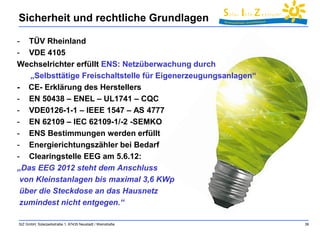 Sicherheit und rechtliche Grundlagen 
- TÜV Rheinland 
- VDE 4105 
Wechselrichter erfüllt ENS: Netzüberwachung durch 
„Selbsttätige Freischaltstelle für Eigenerzeugungsanlagen“ 
- CE- Erklärung des Herstellers 
- EN 50438 – ENEL – UL1741 – CQC 
- VDE0126-1-1 – IEEE 1547 – AS 4777 
- EN 62109 – IEC 62109-1/-2 -SEMKO 
- ENS Bestimmungen werden erfüllt 
- Energierichtungszähler bei Bedarf 
- Clearingstelle EEG am 5.6.12: 
„Das EEG 2012 steht dem Anschluss 
von Kleinstanlagen bis maximal 3,6 KWp 
über die Steckdose an das Hausnetz 
zumindest nicht entgegen.“ 
SIZ GmbH, Solarparkstraße 1, 67435 Neustadt / Weinstraße 36 
 