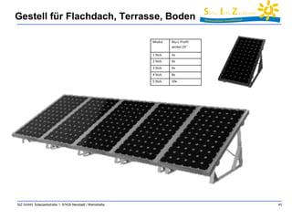 Gestell für Flachdach, Terrasse, Boden 
SIZ GmbH, Solarparkstraße 1, 67435 Neustadt / Weinstraße 43 
Modul Alu-L-Profil-winkel 
25° 
1 Stck. 2x 
2 Stck. 4x 
3 Stck. 6x 
4 Stck. 8x 
5 Stck. 10x 
 