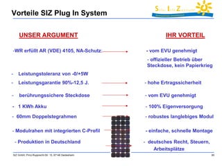 SIZ GmbH, Prinz-Rupprecht-Str. 15, 67146 Deidesheim 60 
Vorteile SIZ Plug In System 
-WR erfüllt AR (VDE) 4105, NA-Schutz: - vom EVU genehmigt 
- offizieller Betrieb über 
Steckdose, kein Papierkrieg 
- Leistungstoleranz von -0/+5W 
- Leistungsgarantie 90%-12,5 J. - hohe Ertragssicherheit 
- berührungssichere Steckdose - vom EVU genehmigt 
- 1 KWh Akku - 100% Eigenversorgung 
- 60mm Doppelstegrahmen - robustes langlebiges Modul 
- Modulrahen mit integrierten C-Profil - einfache, schnelle Montage 
- Produktion in Deutschland - deutsches Recht, Steuern, 
Arbeitsplätze 
UNSER ARGUMENT IHR VORTEIL 
 