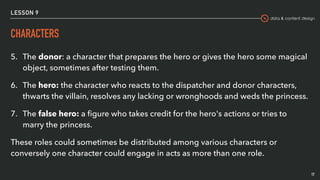 data & content design
LESSON 9
CHARACTERS
17
5. The donor: a character that prepares the hero or gives the hero some magical
object, sometimes after testing them.
6. The hero: the character who reacts to the dispatcher and donor characters,
thwarts the villain, resolves any lacking or wronghoods and weds the princess.
7. The false hero: a ﬁgure who takes credit for the hero's actions or tries to
marry the princess.
These roles could sometimes be distributed among various characters or
conversely one character could engage in acts as more than one role.
 