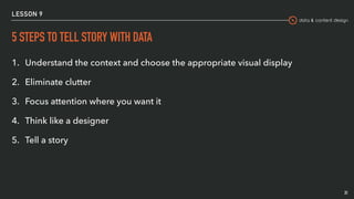 data & content design
LESSON 9
5 STEPS TO TELL STORY WITH DATA
1. Understand the context and choose the appropriate visual display
2. Eliminate clutter
3. Focus attention where you want it
4. Think like a designer
5. Tell a story
31
 