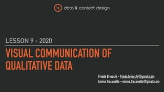 data & content design
Frieda Brioschi - frieda.brioschi@gmail.com
Emma Tracanella - emma.tracanella@gmail.com
VISUAL COMMUNICATION OF
QUALITATIVE DATA
LESSON 9 - 2020
 