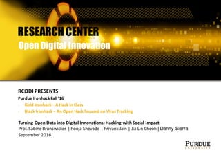 Turning	Open	Data	into	Digital	Innovations:	Hacking	with	Social	Impact
Prof.	Sabine	Brunswicker |	Pooja	Shevade |	Priyank Jain	|	Jia Lin	Cheoh |	Danny	Sierra
September	2016
RESEARCHCENTER
Open Digital Innovation
RCODI	PRESENTS
Purdue	Ironhack	Fall	’16
- Gold	Ironhack	– A	Hack	in	Class
- Black	Ironhack	– An	Open	Hack	focused	on	Virus	Tracking
 