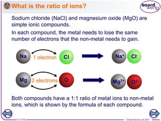 © Boardworks Ltd 2007
31 of 50
What is the ratio of ions?
Sodium chloride (NaCl) and magnesium oxide (MgO) are
simple ionic compounds.
Both compounds have a 1:1 ratio of metal ions to non-metal
ions, which is shown by the formula of each compound.
Na Cl Na+ Cl-
1 electron
Mg Mg2+
O O2-
2 electrons
In each compound, the metal needs to lose the same
number of electrons that the non-metal needs to gain.
 