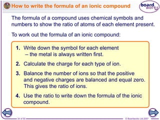 © Boardworks Ltd 2007
34 of 50
How to write the formula of an ionic compound
To work out the formula of an ionic compound:
1. Write down the symbol for each element
– the metal is always written first.
2. Calculate the charge for each type of ion.
3. Balance the number of ions so that the positive
and negative charges are balanced and equal zero.
This gives the ratio of ions.
4. Use the ratio to write down the formula of the ionic
compound.
The formula of a compound uses chemical symbols and
numbers to show the ratio of atoms of each element present.
 