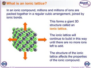 © Boardworks Ltd 2007
40 of 50
What is an ionic lattice?
In an ionic compound, millions and millions of ions are
packed together in a regular cubic arrangement, joined by
ionic bonds.
The structure of the ionic
lattice affects the properties
of the ionic compound.
The ionic lattice will
continue to build in this way
until there are no more ions
left to add.
This forms a giant 3D
structure called an
ionic lattice.
 