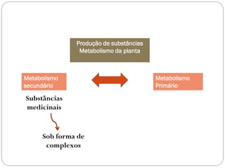 Produção de substâncias
Metabolismo da planta
Metabolismo
Primário
Metabolismo
secundário
Substâncias
medicinais
Sob forma de
complexos
 