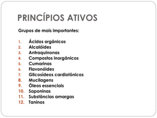 PRINCÍPIOS ATIVOS
Grupos de mais importantes:
1. Ácidos orgânicos
2. Alcalóides
3. Antraquinonas
4. Compostos inorgânicos
5. Cumarinas
6. Flavonóides
7. Glicosídeos cardiotônicos
8. Mucilagens
9. Óleos essenciais
10. Saponinas
11. Substâncias amargas
12. Taninos
 