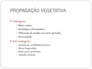 PROPAGAÇÃO VEGETATIVA
 Vantagens
 Baixo custo;
 Genótipos selecionados;
 Obtenção de mudas em curto período;
 Precocidade.
 Desvantagens
 Ausência de variabilidade genética;
 Menor longevidade;
 Raízes pouco profundas;
 Tamanho reduzido.
 