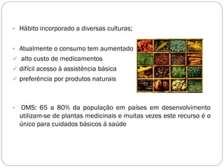 • Hábito incorporado a diversas culturas;
• Atualmente o consumo tem aumentado
 alto custo de medicamentos
 difícil acesso à assistência básica
 preferência por produtos naturais
• OMS: 65 a 80% da população em países em desenvolvimento
utilizam-se de plantas medicinais e muitas vezes este recurso é o
único para cuidados básicos á saúde
 