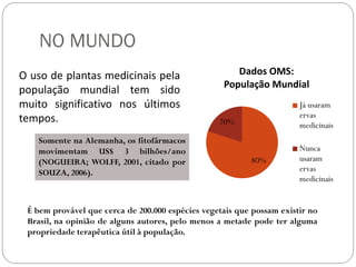 NO MUNDO
80%
20%
Dados OMS:
População Mundial
Já usaram
ervas
medicinais
Nunca
usaram
ervas
medicinais
O uso de plantas medicinais pela
população mundial tem sido
muito significativo nos últimos
tempos.
É bem provável que cerca de 200.000 espécies vegetais que possam existir no
Brasil, na opinião de alguns autores, pelo menos a metade pode ter alguma
propriedade terapêutica útil à população.
Somente na Alemanha, os fitofármacos
movimentam US$ 3 bilhões/ano
(NOGUEIRA; WOLFF, 2001, citado por
SOUZA, 2006).
 