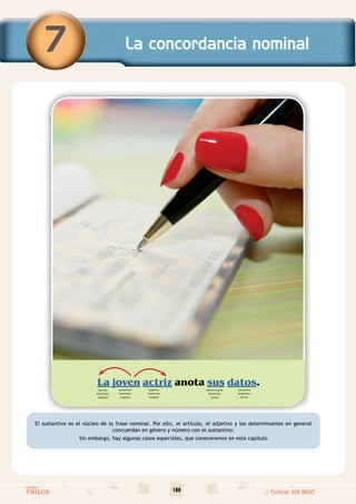 188
Colegios
TRILCE Central: 619 8100
La joven actriz anota sus datos.
artículo
femenino
singular
sustantivo
femenino
singular
sustantivo
femenino
plural
adjetivo
femenino
singular
determinante
femenino
plural
El sustantivo es el núcleo de la frase nominal. Por ello, el artículo, el adjetivo y los determinantes en general
concuerdan en género y número con el sustantivo:
Sin embargo, hay algunos casos especiales, que conoceremos en este capítulo
La concordancia nominal
7
 