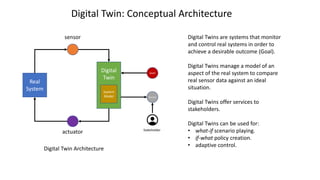 Digital Twin Architecture
Digital Twins are systems that monitor
and control real systems in order to
achieve a desirable outcome (Goal).
Digital Twins manage a model of an
aspect of the real system to compare
real sensor data against an ideal
situation.
Digital Twins offer services to
stakeholders.
Digital Twins can be used for:
• what-if scenario playing.
• if-what policy creation.
• adaptive control.
Real
System
Digital
Twin
actuator
sensor
Goal
System
Model Services
Stakeholder
Digital Twin: Conceptual Architecture
 