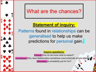 What are the chances?
Statement of inquiry:
Patterns found in relationships can be
generalised to help us make
predictions for personal gain.
Inquiry questions:
Factual: How do we know what to expect?
Conceptual: Why does Mathematics sometimes overcomplicate simple problems?
Debatable: Is probability just for fun?
 