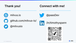 44 | © Copyright 2024 Zilliz
44
milvus.io
github.com/milvus-io/
@milvusio
@paasDev
/in/timothyspann
Connect with me!
Thank you!
 