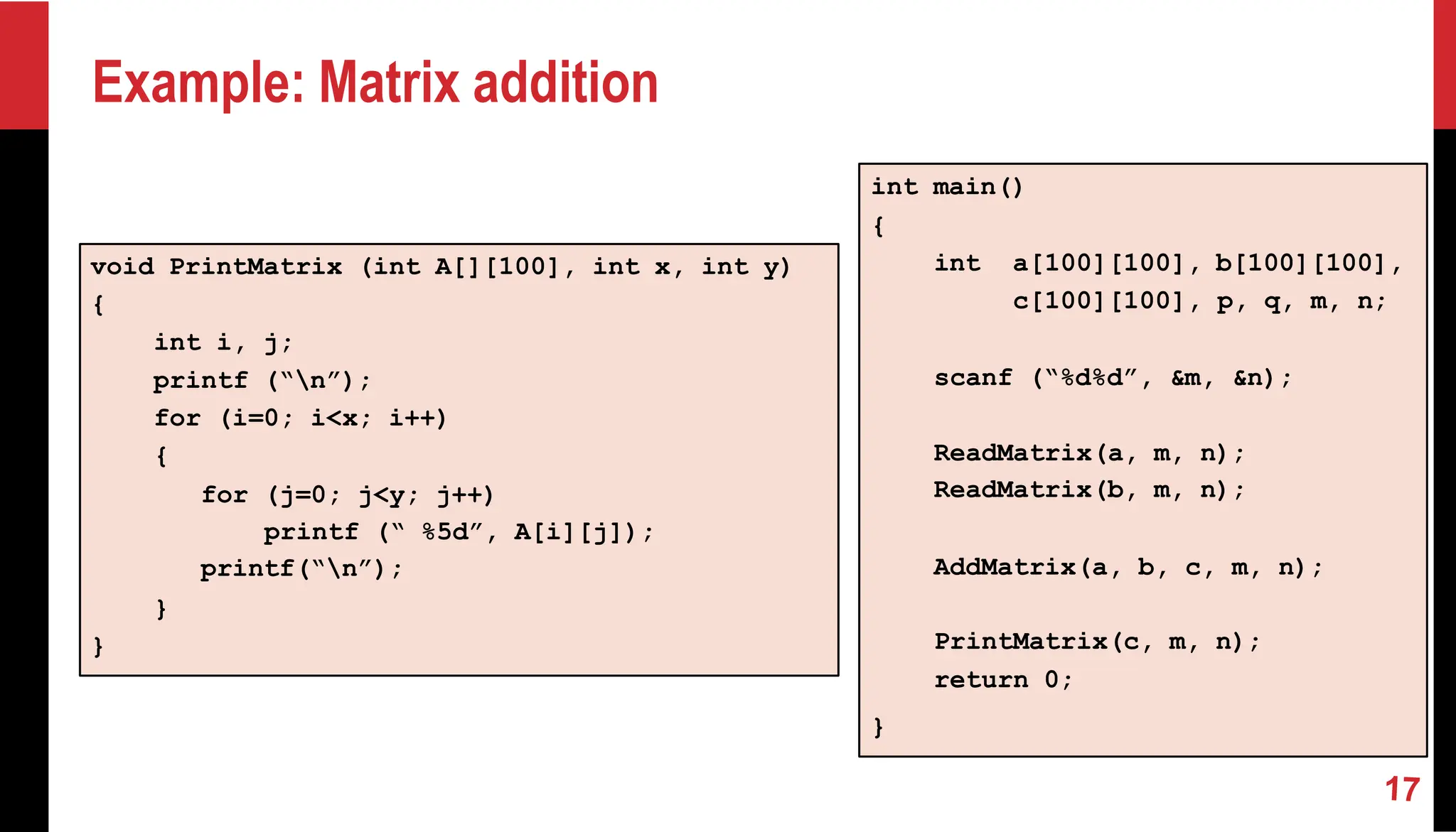 Example: Matrix addition int main() { int a[100][100], b[100][100], c[100][100], p, q, m, n; scanf (“%d%d”, &m, &n); ReadMatrix(a, m, n); ReadMatrix(b, m, n); AddMatrix(a, b, c, m, n); PrintMatrix(c, m, n); return 0; } void PrintMatrix (int A[][100], int x, int y) { int i, j; printf (“n”); for (i=0; i<x; i++) { for (j=0; j<y; j++) printf (“ %5d”, A[i][j]); printf(“n”); } } 