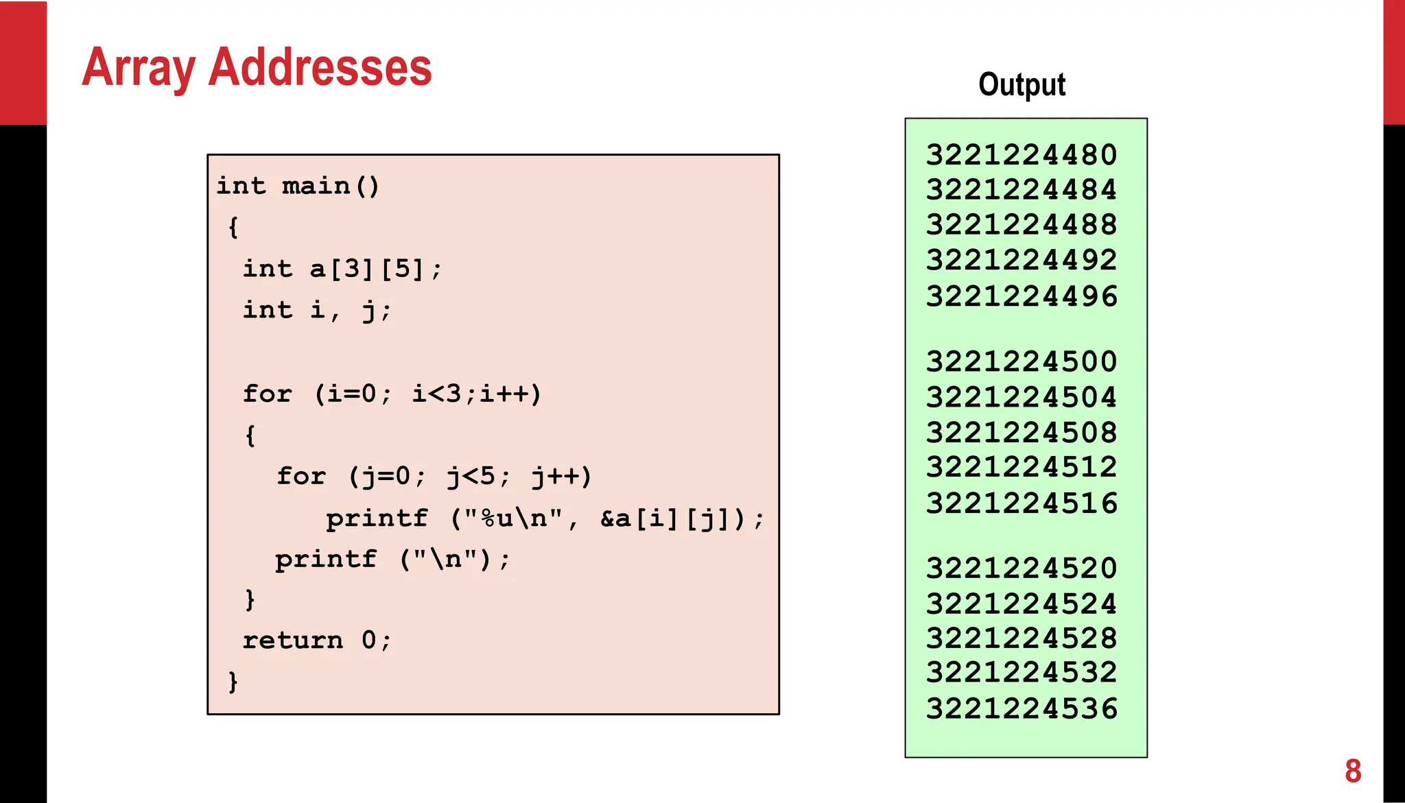 Array Addresses int main() { int a[3][5]; int i, j; for (i=0; i<3;i++) { for (j=0; j<5; j++) printf ("%un", &a[i][j]); printf ("n"); } return 0; } 3221224480 3221224484 3221224488 3221224492 3221224496 3221224500 3221224504 3221224508 3221224512 3221224516 3221224520 3221224524 3221224528 3221224532 3221224536 Output 8 