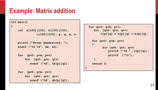 Example: Matrix addition
int main()
{
int a[100][100], b[100][100],
c[100][100], p, q, m, n;
printf (“Enter dimensions: ”);
scanf (“%d %d”, &m, &n);
for (p=0; p<m; p++)
for (q=0; q<n; q++)
scanf (“%d”, &a[p][q]);
for (p=0; p<m; p++)
for (q=0; q<n; q++)
scanf (“%d”, &b[p][q]);
for (p=0; p<m; p++)
for (q=0; q<n; q++)
c[p][q] = a[p][q] + b[p][q];
for (p=0; p<m; p++)
{
for (q=0; q<n; q++)
printf (“%d ”, c[p][q]);
printf (“n”);
}
return 0;
}
 