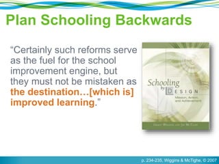 Plan Schooling Backwards 
“Certainly such reforms serve 
as the fuel for the school 
improvement engine, but 
they must not be mistaken as 
the destination…[which is] 
improved learning.” 
p. 234-235, Wiggins & McTighe, © 2007 
 