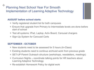 + Planning Next School Year For Smooth 
Implementation of Learning Adaptive Technology 
AUGUST before school starts: 
 Verify registered student list for both campuses 
 Ensure that upgrade from Primary to Intermediate levels are done before 
start of school 
 Test all systems: IPad, Laptop, Activ Board, Carousel chargers 
 Sign-Up System for Carousel Carts 
SEPTEMBER - OCTOBER 
 New students need to be assessed for 5 hours (In-Class) 
 Existing students need to continue archived work from previous grade 
 SET-UP Parent Outreach structure (workshops, newsletters, meetings) 
 Curriculum Nights – coordinate talking points for HR teachers about 
Learning Adaptive Technology 
 Re-establish Homework Policy for digital work 
 