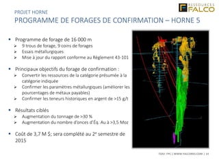 TSXV: FPC | WWW.FALCORES.COM | 14
 Programme de forage de 16 000 m
 9 trous de forage, 9 coins de forages
 Essais métallurgiques
 Mise à jour du rapport conforme au Règlement 43-101
 Principaux objectifs du forage de confirmation :
 Convertir les ressources de la catégorie présumée à la
catégorie indiquée
 Confirmer les paramètres métallurgiques (améliorer les
pourcentages de métaux payables)
 Confirmer les teneurs historiques en argent de >15 g/t
 Résultats ciblés
 Augmentation du tonnage de >30 %
 Augmentation du nombre d’onces d’Éq. Au à >3,5 Moz
 Coût de 3,7 M $; sera complété au 2e semestre de
2015
N S
PROJET HORNE
PROGRAMME DE FORAGES DE CONFIRMATION – HORNE 5
 