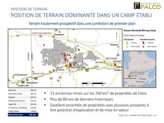 TSXV: FPC | WWW.FALCORES.COM | 18
Terrain hautement prospectif dans une juridiction de premier plan
 13 anciennes mines sur les 740 km2 de propriétés de Falco
 Plus de 80 ans de données historiques
 Excellent ensemble de propriétés avec plusieurs prospects à
fort potentiel d’exploration et de mise en valeur
POSITION DE TERRAIN
POSITION DE TERRAIN DOMINANTE DANS UN CAMP ÉTABLI
Balmoral 700 km
Lake Shore Gold 182 km
Niogold 125 km
Eastmain Resources 125 km
Eagle Hill 124 km
St. Andrews Goldfields 120 km
Integra Gold 30 km
Ressources Falco 740+ km
 