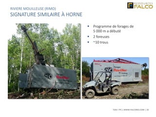 TSXV: FPC | WWW.FALCORES.COM | 20
RIVIERE MOUILLEUSE (RIMO)
SIGNATURE SIMILAIRE À HORNE
 Programme de forages de
5 000 m a débuté
 2 foreuses
 ~10 trous
 