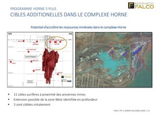 TSXV: FPC | WWW.FALCORES.COM | 21
Potentiel d’accroître les ressources minérales dans le complexe Horne
 11 cibles aurifères à proximité des anciennes mines
 Extension possible de la zone West identifiée en profondeur
 3 sont ciblées initialement
PROGRAMME HORNE 5 PLUS
CIBLES ADDITIONELLES DANS LE COMPLEXE HORNE
 