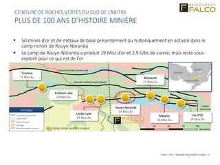 TSXV: FPC | WWW.FALCORES.COM | 7
Larder Lake
13 Moz Au
Kirkland Lake
24 Moz Au
Timmins
71 Moz Au
Rouyn-Noranda
19 Moz Au
Malartic
14 Moz Au
Bousquet
21 Moz Au
Zones de la Faille Lennox Creek
Zone de la Faille Porcupine Destor
Cadillac
Fault Zone
ONTARIO
QUEBEC
Rouyn-Noranda
Timiskaming Sediments
Cobalt Plate
Felsic Intrusive
Kap High
Mafic/Ultramafic Volcanics
Géologie
Val-d’Or
14 Moz Au
Camp minier aurifère majeur
 50 mines d’or et de métaux de base présentement ou historiquement en activité dans le
camp minier de Rouyn-Noranda
 Le camp de Rouyn-Noranda a produit 19 Moz d’or et 2,9 Glbs de cuivre, mais reste sous-
exploré pour ce qui est de l’or
0 25 50 75 100
Kilometres
CEINTURE DE ROCHES VERTES DU SUD DE L’ABITIBI
PLUS DE 100 ANS D’HISTOIRE MINIÈRE
 
