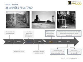 TSXV: FPC | WWW.FALCORES.COM | 8
Production initiale
Fin des
opérations
(2,5 Glbs Cu et
11,5 Moz Au)
Falco acquiert
les propriétés
(sept. 2012)
Découverte de
la mine Horne
Digitalisation et compilation des résultats
des forages historiques de Horne
(août 2013)
Estimation des
ressources de Horne 5
NI 43-101 (mars 2014)
1923 1927 1976 1985 2012 2013 2014
Minage de vestiges
(102 000 oz Au)
2,2 M $ en
exploration régionale
(juin 2014)
PROJET HORNE
38 ANNÉES PLUS TARD
 