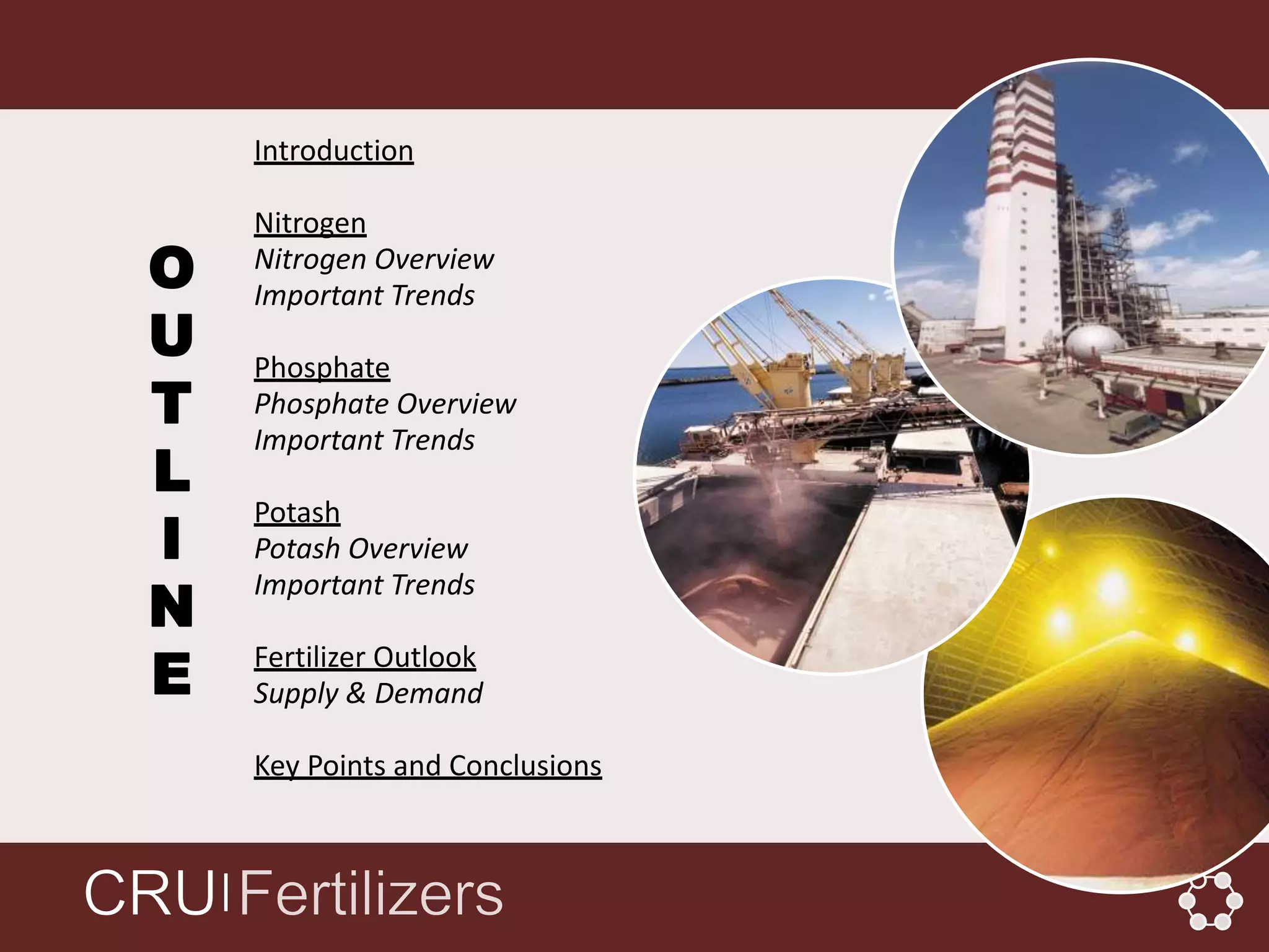 Introduction

        Nitrogen
O       Nitrogen Overview
        Important Trends
U       Phosphate
T       Phosphate Overview
        Important Trends
L
I
        Potash
        Potash Overview

N
        Important Trends


E       Fertilizer Outlook
        Supply & Demand

        Key Points and Conclusions


    │
 