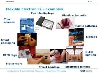 © Holst Centre                                                                          < 16




   Flexible Electronics - Examples
                                Flexible displays
                                                                    Plastic solar cells
 Touch
 screens
                                                                               Plastic batteries



                                                                                          Signage
Smart
packaging


                                                                                       OLED
 RFID tags                                                                             lighting


   Bio-sensors
                                         Smart bandage                  Electronic textiles
    Introduction to Organic & Printed Electronics – Mikrocentrum Themadag
 