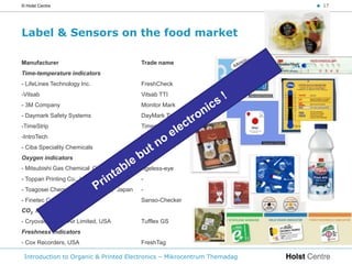 © Holst Centre                                                           < 17




Label & Sensors on the food market

Manufacturer                                Trade name
Time-temperature indicators
- LifeLines Technology Inc.                 FreshCheck
-Vitsab                                     Vitsab TTI
- 3M Company                                Monitor Mark
- Daymark Safety Systems                    DayMark Timestrip
-TimeStrip                                  Timestrip
-IntroTech                                  WarmMark
- Ciba Speciality Chemicals                 OnVu
Oxygen indicators
- Mitsubishi Gas Chemical Co., Ltd, Japan   Ageless-eye
- Toppan Printing Co., Ltd, Japan           -
- Toagosei Chem. Industry Co., Ltd, Japan   -
- Finetec Co., Ltd, Japan                   Sanso-Checker
CO2 indicators
- Cryovac-Sealed Air Limited, USA           Tufflex GS
Freshness indicators
- Cox Recorders, USA                        FreshTag

 Introduction to Organic & Printed Electronics – Mikrocentrum Themadag
 