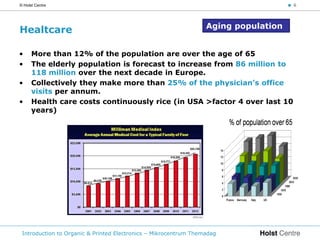© Holst Centre                                                                       < 6




                                                                  Aging population
Healtcare

•     More than 12% of the population are over the age of 65
•     The elderly population is forecast to increase from 86 million to
      118 million over the next decade in Europe.
•     Collectively they make more than 25% of the physician’s office
      visits per annum.
•     Health care costs continuously rice (in USA >factor 4 over last 10
      years)




 Introduction to Organic & Printed Electronics – Mikrocentrum Themadag
 