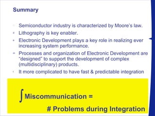 Summary Semiconductor industry is characterized by Moore’s law. Lithography is key enabler. Electronic Development plays a key role in realizing ever increasing system performance. Processes and organization of Electronic Development are “designed” to support the development of complex (multidisciplinary) products. It more complicated to have fast & predictable integration Miscommunication =  # Problems during Integration  