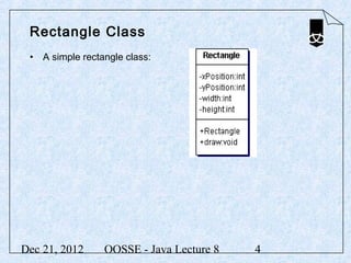 Rectangle Class
 • A simple rectangle class:




Dec 21, 2012     OOSSE - Java Lecture 8   4
 