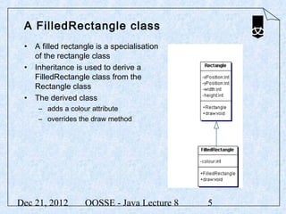 A FilledRectangle class
 • A filled rectangle is a specialisation
   of the rectangle class
 • Inheritance is used to derive a
   FilledRectangle class from the
   Rectangle class
 • The derived class
     – adds a colour attribute
     – overrides the draw method




Dec 21, 2012       OOSSE - Java Lecture 8   5
 