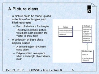A Picture class
 • A picture could be made up of a
   collection of rectangles and
   filled rectangles
     – Each of which are Rectangles
     – The draw method of picture
       would ask each object in the
       vector to draw itself
 • A collection of base class
   objects is used
     – A derived object IS-A base
       class object
     – Polymorphism takes place
       when a rectangle object draws
       itself



Dec 21, 2012      OOSSE - Java Lecture 8   6
 