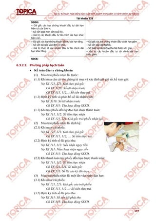 Bài 6: Kế toán hoạt động sản xuất kinh doanh trong đơn vị hành chính sự nghiệp
v1.0 159
Tài khoản 221
SDĐK:
– Giá gốc các loại chứng khoán đầu tư dài hạn
hiện có của đơn vị.
– Số vốn góp hiện còn cuối kỳ.
– Giá trị các khoản đầu tư tài chính dài hạn khác
hiện còn.
– Giá gốc các loại chứng khoán đầu tư dài hạn tăng.
– Số vốn đã góp vào đơn vị khác.
– Giá trị thực tế các khoản đầu tư tài chính dài
hạn khác tăng.
– Giá gốc các loại chứng khoán đầu tư dài hạn giảm.
– Số vốn góp đã thu hồi.
– Số thiệt hại do không thu hồi được vốn góp.
– Giá trị các khoản đầu tư tài chính dài hạn
khác giảm.
SDCK:
6.3.2.2. Phương pháp hạch toán
 Kế toán đầu tư chứng khoán
(1) Mua trái phiếu nhận lãi trước:
(1.1) Khi mua căn cứ vào chứng từ mua và xác định giá ghi sổ, kế toán ghi:
Nợ TK 121, 221: Ghi theo giá gốc
Có TK 3318: Số lãi nhận trước
Có TK 111, 112...: Số tiền thực trả.
(1.2) Định kỳ tính và phân bổ số lãi nhận trước:
Nợ TK 3318: Số lãi nhận trước
Có TK 531: Thu hoạt động SXKD.
(1.3) Khi trái phiếu đến kỳ đáo hạn được thanh toán:
Nợ TK 111, 112: Số tiền thực nhận
Có TK 121, 221: Giá gốc trái phiếu nhận lại.
(2) Mua trái phiếu nhận lãi định kỳ:
(2.1) Khi mua trái phiếu:
Nợ TK 121, 221: Ghi theo giá gốc
Có TK 111, 112, ...: Số tiền thực trả.
(2.2) Định kỳ tính số lãi phải thu:
Nợ TK 111, 112: Nếu nhận ngay tiền
Nợ TK 311: Nếu chưa nhận ngay tiền
Có TK 531: Thu hoạt động SXKD.
(2.3) Khi thanh toán trái phiếu đến hạn được thanh toán:
Nợ TK 111, 112: Số tiền thực nhận
Có TK 121, 221: Số tiền gốc
Có TK 531: Số lãi của kỳ đáo hạn.
(3) Mua trái phiếu nhận lãi một lần vào ngày đáo hạn:
(3.1) Khi mua trái phiếu:
Nợ TK 121, 221: Giá gốc của trái phiếu
Có TK 111, 112 ...: Số tiền thực trả.
(3.2) Định kỳ tính số lãi phải thu:
Nợ TK 311: Số tiền lãi phải thu
Có TK 531: Thu hoạt động SXKD.
 