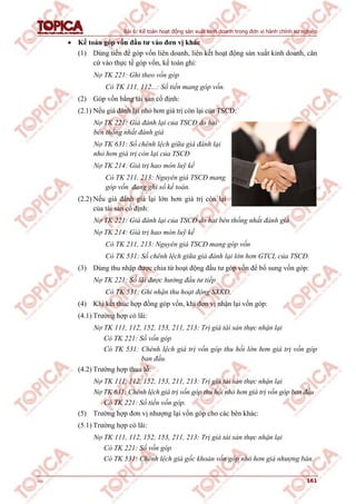 Bài 6: Kế toán hoạt động sản xuất kinh doanh trong đơn vị hành chính sự nghiệp
v1.0 161
 Kế toán góp vốn đầu tư vào đơn vị khác
(1) Dùng tiền để góp vốn liên doanh, liên kết hoạt động sản xuất kinh doanh, căn
cứ vào thực tế góp vốn, kế toán ghi:
Nợ TK 221: Ghi theo vốn góp
Có TK 111, 112...: Số tiền mang góp vốn.
(2) Góp vốn bằng tài sản cố định:
(2.1) Nếu giá đánh lại nhỏ hơn giá trị còn lại của TSCĐ:
Nợ TK 221: Giá đánh lại của TSCĐ do hai
bên thống nhất đánh giá
Nợ TK 631: Số chênh lệch giữa giá đánh lại
nhỏ hơn giá trị còn lại của TSCĐ
Nợ TK 214: Giá trị hao mòn luỹ kế
Có TK 211, 213: Nguyên giá TSCĐ mang
góp vốn đang ghi sổ kế toán.
(2.2) Nếu giá đánh giá lại lớn hơn giá trị còn lại
của tài sản cố định:
Nợ TK 221: Giá đánh lại của TSCĐ do hai bên thống nhất đánh giá
Nợ TK 214: Giá trị hao mòn luỹ kế
Có TK 211, 213: Nguyên giá TSCĐ mang góp vốn
Có TK 531: Số chênh lệch giữa giá đánh lại lớn hơn GTCL của TSCĐ.
(3) Dùng thu nhập được chia từ hoạt động đầu tư góp vốn để bổ sung vốn góp:
Nợ TK 221: Số lãi được hưởng đầu tư tiếp
Có TK 531: Ghi nhận thu hoạt động SXKD.
(4) Khi kết thúc hợp đồng góp vốn, khi đơn vị nhận lại vốn góp:
(4.1) Trường hợp có lãi:
Nợ TK 111, 112, 152, 153, 211, 213: Trị giá tài sản thực nhận lại
Có TK 221: Số vốn góp
Có TK 531: Chênh lệch giá trị vốn góp thu hồi lớn hơn giá trị vốn góp
ban đầu.
(4.2) Trường hợp thua lỗ:
Nợ TK 111, 112, 152, 153, 211, 213: Trị giá tài sản thực nhận lại
Nợ TK 631: Chênh lệch giá trị vốn góp thu hồi nhỏ hơn giá trị vốn góp ban đầu
Có TK 221: Số tiền vốn góp.
(5) Trường hợp đơn vị nhượng lại vốn góp cho các bên khác:
(5.1) Trường hợp có lãi:
Nợ TK 111, 112, 152, 153, 211, 213: Trị giá tài sản thực nhận lại
Có TK 221: Số vốn góp
Có TK 531: Chênh lệch giá gốc khoản vốn góp nhỏ hơn giá nhượng bán.
 