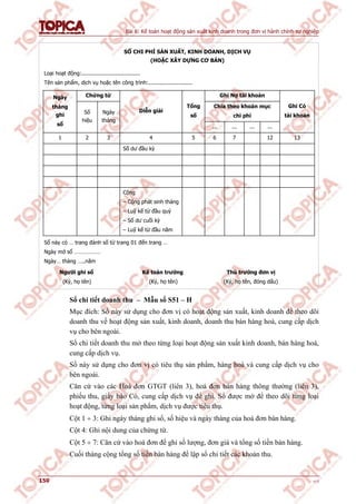 Bài 6: Kế toán hoạt động sản xuất kinh doanh trong đơn vị hành chính sự nghiệp
150 v1.0
SỔ CHI PHÍ SẢN XUẤT, KINH DOANH, DỊCH VỤ
(HOẶC XÂY DỰNG CƠ BẢN)
Loại hoạt động:....................................
Tên sản phẩm, dịch vụ hoặc tên công trình:...........................
Chứng từ Ghi Nợ tài khoản
Chia theo khoản mục
chi phí
Ngày
tháng
ghi
sổ
Số
hiệu
Ngày
tháng
Diễn giải
Tổng
số
... ... ... ...
Ghi Có
tài khoản
1 2 3 4 5 6 7 12 13
Số dư đầu kỳ
Cộng
– Cộng phát sinh tháng
– Luỹ kế từ đầu quý
– Số dư cuối kỳ
– Luỹ kế từ đầu năm
Sổ này có … trang đánh số từ trang 01 đến trang …
Ngày mở sổ ………………
Ngày… tháng …..năm
Người ghi sổ Kế toán trưởng Thủ trưởng đơn vị
(Ký, họ tên) (Ký, họ tên) (Ký, họ tên, đóng dấu)
Sổ chi tiết doanh thu – Mẫu số S51 – H
Mục đích: Sổ này sử dụng cho đơn vị có hoạt động sản xuất, kinh doanh để theo dõi
doanh thu về hoạt động sản xuất, kinh doanh, doanh thu bán hàng hoá, cung cấp dịch
vụ cho bên ngoài.
Sổ chi tiết doanh thu mở theo từng loại hoạt động sản xuất kinh doanh, bán hàng hoá,
cung cấp dịch vụ.
Sổ này sử dụng cho đơn vị có tiêu thụ sản phẩm, hàng hoá và cung cấp dịch vụ cho
bên ngoài.
Căn cứ vào các Hoá đơn GTGT (liên 3), hoá đơn bán hàng thông thường (liên 3),
phiếu thu, giấy báo Có, cung cấp dịch vụ để ghi. Sổ được mở để theo dõi từng loại
hoạt động, từng loại sản phẩm, dịch vụ được tiêu thụ.
Cột 1  3: Ghi ngày tháng ghi sổ, số hiệu và ngày tháng của hoá đơn bán hàng.
Cột 4: Ghi nội dung của chứng từ.
Cột 5  7: Căn cứ vào hoá đơn để ghi số lượng, đơn giá và tổng số tiền bán hàng.
Cuối tháng cộng tổng số tiền bán hàng để lập sổ chi tiết các khoản thu.
 