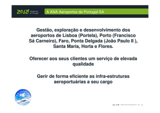 A ANA Aeroportos de Portugal SA



   Gestão, exploração e desenvolvimento dos
 aeroportos de Lisboa (Portela), Porto (Francisco
Sá Carneiro), Faro, Ponta Delgada (João Paulo II ),
           Santa Maria, Horta e Flores.

Oferecer aos seus clientes um serviço de elevada
                   qualidade

   Gerir de forma eficiente as infra-estruturas
           aeroportuárias a seu cargo



                                          Dez-10      4_
 